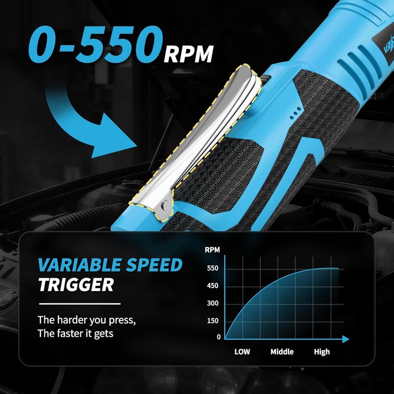 FULLYEA Cordless Electric Ratchet Wrench Set, 16.8V 3/8 cordless ratchet, 550 RPM, Variable Speed Power Ratchet Tool Kit with 2 * 2.0Ah Li-ion Battery, 1/4" Adapter & 3" Extension Bar(Blue) - Image 3